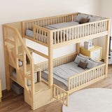 Merax Twin Over Twin Floor Bunk Bed with Storage Ladder and Guardrails, Wood Twin Bunk Bed for Kids Teens Adult, Natural Merax