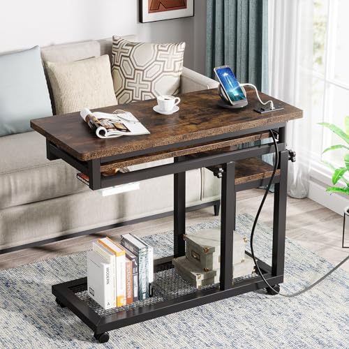 Tribesigns Small Portable Desk with Power Outlet, Height Adjustable Sofa Couch Bedside Laptop Table with Wheels, Mobile Standing Desk Rolling Computer Cart C Side Table with USB Ports - WoodArtSupply