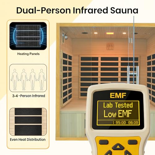 DWKWE 3-4 Person Hemlock Wood Indoor Far Infrared Home Sauna - 11 Low EMF Carbon Heaters, Bluetooth Speakers, Chromotherapy, Tempered Glass Door (220V, 2880W, for Home Gym & Family Relaxation) DWKWE