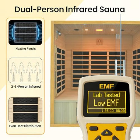 DWKWE 3-4 Person Hemlock Wood Indoor Far Infrared Home Sauna - 11 Low EMF Carbon Heaters, Bluetooth Speakers, Chromotherapy, Tempered Glass Door (220V, 2880W, for Home Gym & Family Relaxation) DWKWE