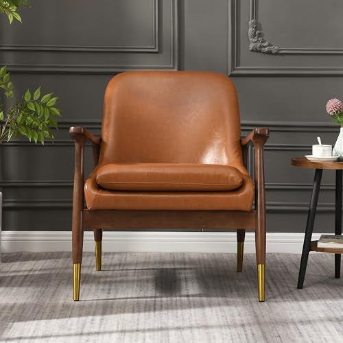 BTYJLEBE Office Accent Chair 29.2'' Mid-Century Faux Leather with Cushioned Seat, Solid Wood Frame, and Brass-Tipped Legs – Perfect for Living Room, Bedroom, or Office Lounge BTYJLEBE
