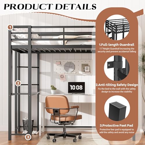 Shintenchi Loft Bed Full Size with Desk and Storage Shelves, Frame with 2 Side Ladders for Kids, Teens Adults, Spcace-Saving Noise-Free and Anti-tilt Design, Black Shintenchi