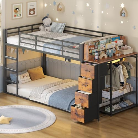 ADORNEVE Low Bunk Bed Twin Over Twin with Bookshelf, 4 Storage Drawers, Metal Kids Bunk Bed with Power Outlet & RGB Lights, Clothing Rack & Shelves, Safety Guardrail & Ladder, Black ADORNEVE