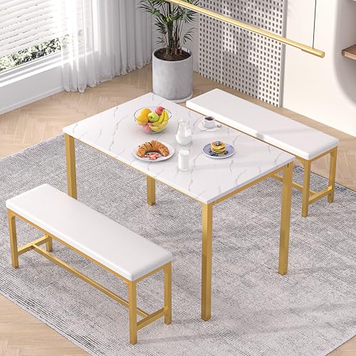 VECELO 3-Piece 63" Extendable Kitchen Table with Benches/Chairs, Modern Breakfast Dinette/Dining Room Set for 4/6/2, Small Space Saving Design, Easy Assembly VECELO