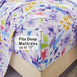Mooreeke Floral Full Sheets, Soft Breathable Microfiber Vintage Printed Bed Sheet Set, Deep Pocket Non-Slip Fitted Sheet Included, Purple Flower Pattern Mooreeke