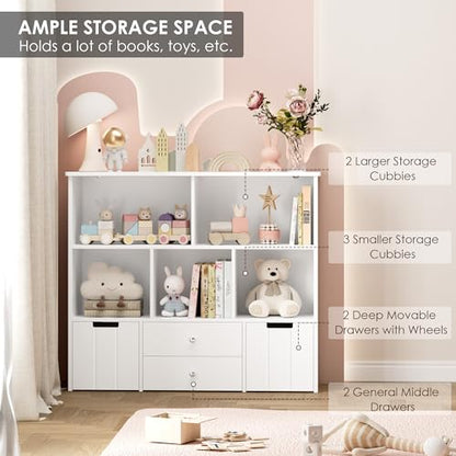 FOTOSOK Toy Storage Organizer with 4 Drawers, Toy Organizers and Storage with Concealed Wheels and 5 Storage Cubbies, Multifunctional Storage Chest Kids Storage Organization, Playroom Furniture, White