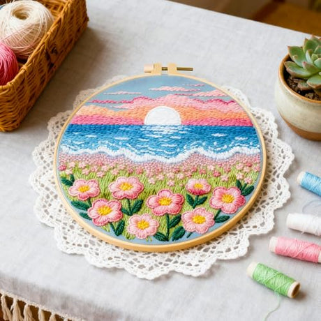 BEUNITONE Spring Landscape Embroidery Kit for Beginners, 6PC Needlepoint Kits with Hoops, Instructions, Threads, Needles, DIY Home Decor Craft for Adults, Creative Hand Embroidery Patterns for Gifts BEUNITONE