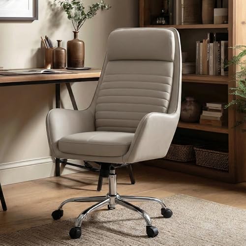 COLAMY Ellis High-Back Home Office Chair, PU Leather Adjustable Height Swivel Rolling Executive Task Chair with Integrated Armrests, Khaki COLAMY