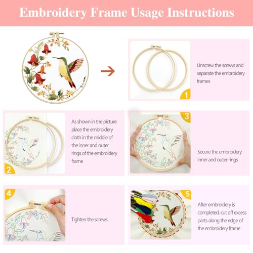 Zhenqing 3-Piece Hummingbird Embroidery Kit for Beginners - Complete Set with Pre-Printed 29x29cm Cotton Fabric, Hoop, Threads & Tools (C0168)