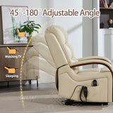 EZZUP Power Lift Recliner Chair for Elderly, Dual Motor Lift Chair with Vibration Massage and Lumbar Heat, Lay Flat Recliner with Solid Wood Armrest, Standing Assistance Reclining, Faux Leather Beige