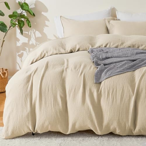 EMME Muslin Cotton Duvet Cover Set Light Tan King Size Linen Like Soft Breathable Lightweight Summer Comforter Cover Set with Zipper Closure (Light Tan, King, 104"x90") EMME