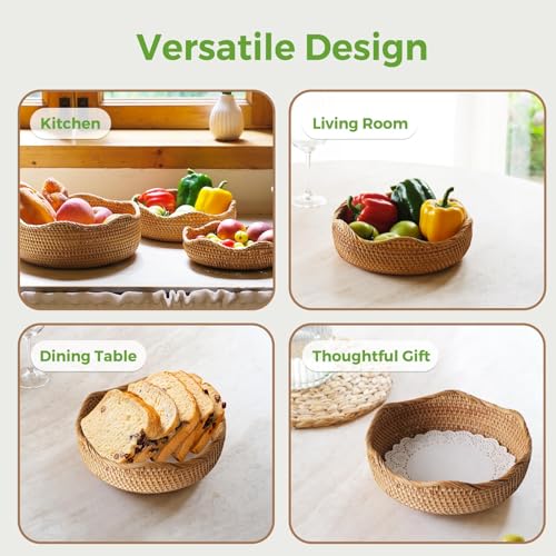 Wicker Bread Baskets for Serving, Handwoven Rattan Fruit Basket Wicker Basket, Fruit Bowl Wicker Baskets for Gifts, Woven Basket for Organizing Bread Fruit, Decorative Bowl for Kitchen Dinging Room M S310