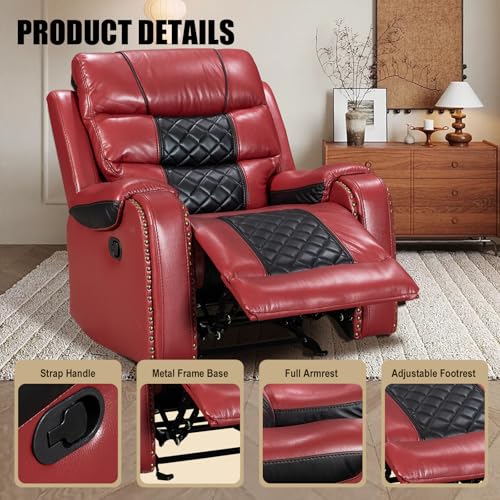 VireoNest Leather Rocker Recliner Chair 350lb Capacity, Tool-Free Assembly, Recliner Chair with Overstuffed Armrest, Manual Reclining Chairs for Living Room, Bedroom, Home Theater Seating (Red)