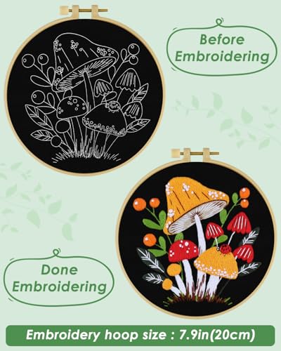 ERKOON Embroidery Kit for Beginners, Flower Cross Stitch Set for Include Embroidery Cloth Hoops Threads for Craft Lover Hand Stitch with Embroidery Skill Techniques (Mushroom) ERKOON