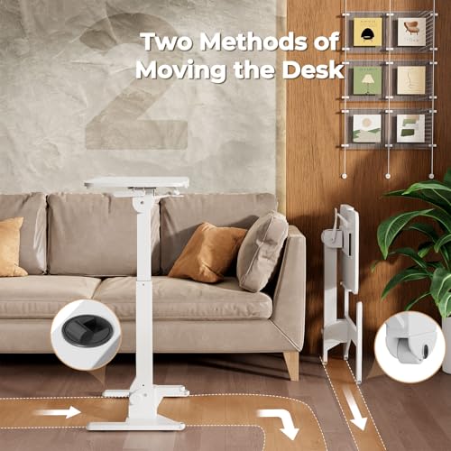 JOY worker Foldable Overbed Bedside Table, 180° Tiltable Mobile Standing Desk with Wheels, 31.5" Pneumatic Height Adjustable Rolling Laptop Desk for Home & Hospital Use, Easy Storage, White JOY worker