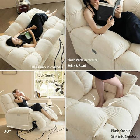 Pationate Oversized Rocker Recliner Chair,Power Swivel Recliner for Living Room,Overstuffed Extra Wide Rocking Recliners with Breathable Soft Fabric,Up to 350lbs (Power, White) Pationate