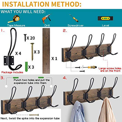 Homagic Solid Pine Wood Towel Rack Rustic Coat Rack Wall Mounted Coat Hook with 4 Farmhouse Hooks Rustic Towel Racks for Bathroom Entryway Kitchen Towel Coat Hat Purse Robes (Brown)