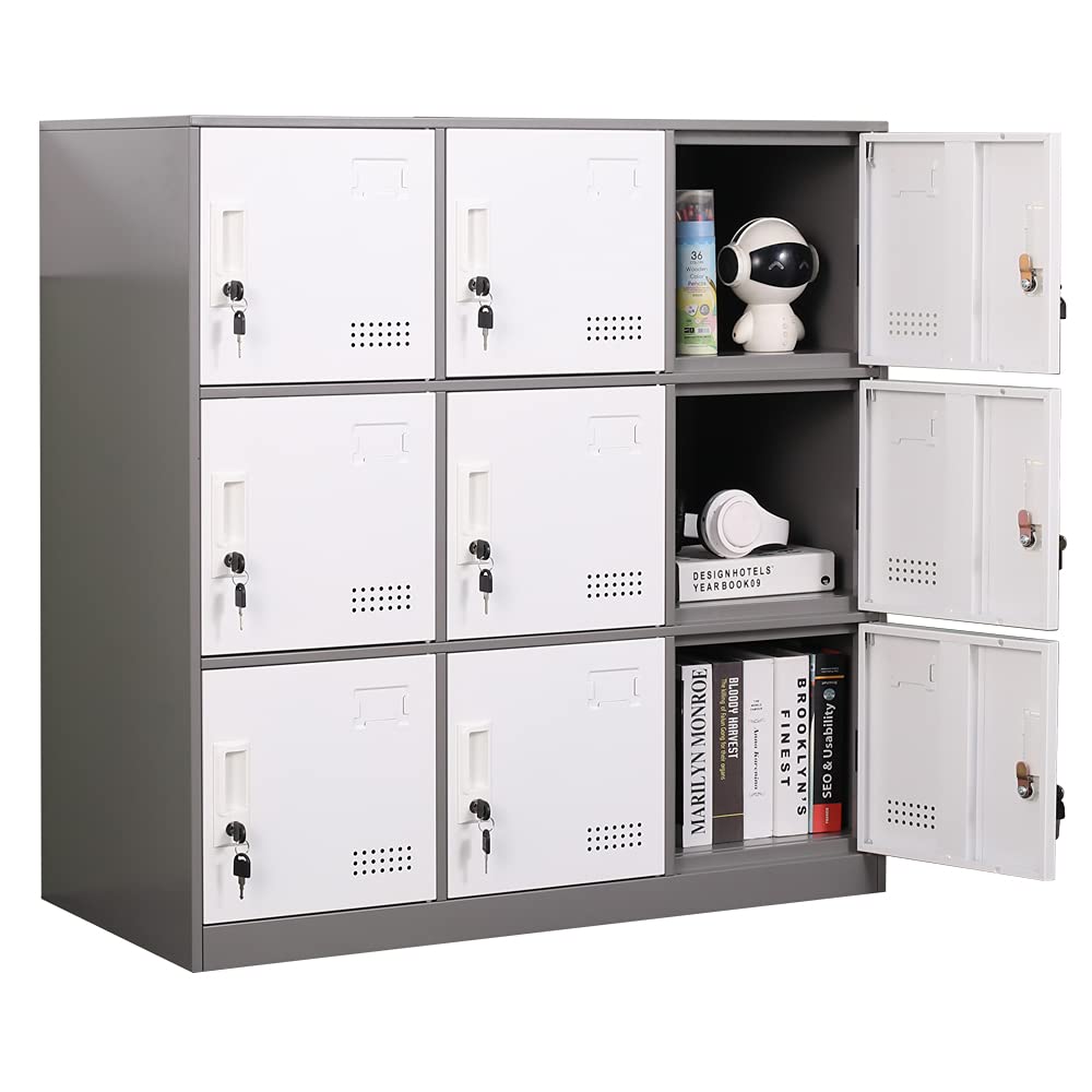 iCHENGGD Metal Locker 9 Door Storage Cabinet, Steel Storage Lockers for Employees, with Lock and Ventilation, Office School Gym Use (Grey) iCHENGGD