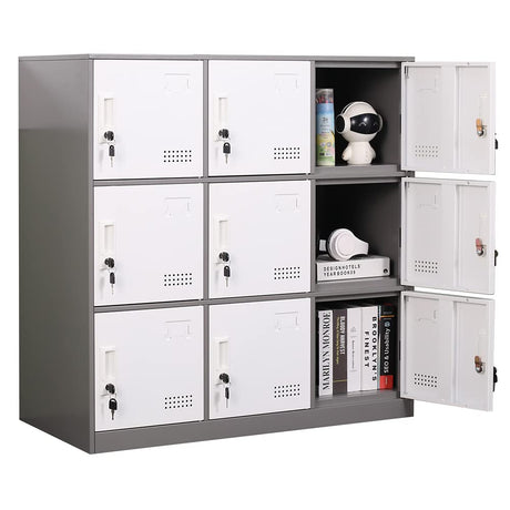 iCHENGGD Metal Locker 9 Door Storage Cabinet, Steel Storage Lockers for Employees, with Lock and Ventilation, Office School Gym Use (Grey) iCHENGGD