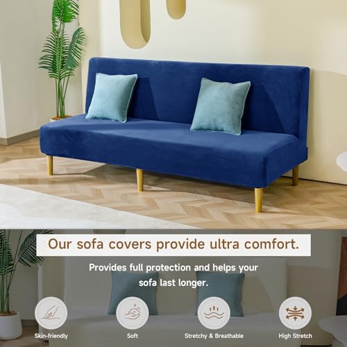 XIAROGEE Armless Futon Cover Velvet Futon Slipcover Soft Stretch Couch Covers with No Arm Sofa Bed Cover with Non-Slip Thick Plush Furniture Protector Washable Couch Slipcovers for Living Room(Navy) XIAROGEE