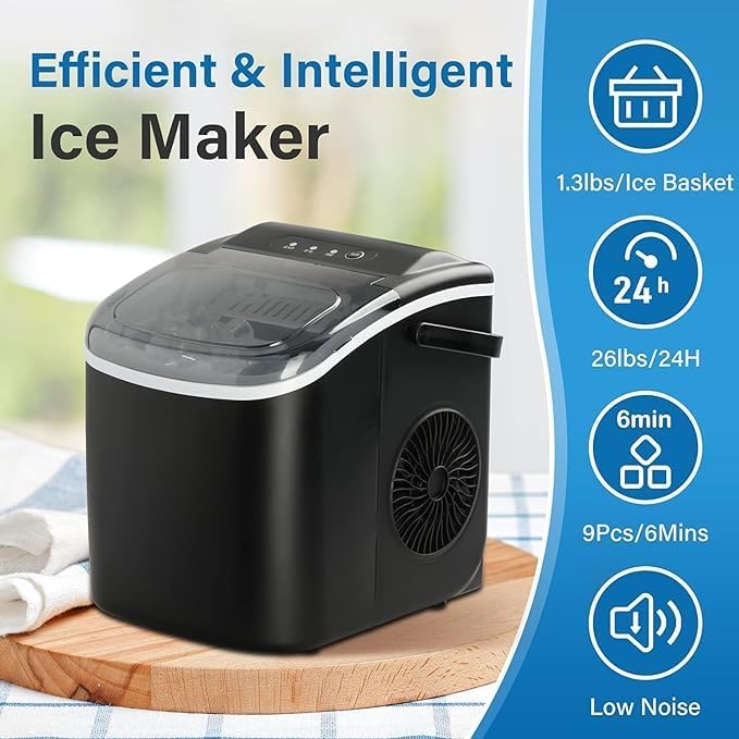 YSSOA Countertop Ice Maker with Ice Spoon and Basket, 26lbs Ice Per Day, 6 Mins 9 Bullet Ice, Self-Cleaning, Efficient for Camping, Kitchen, Office, Black YSSOA