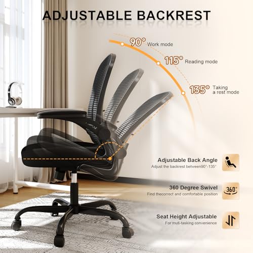 Office Chair, Ergonomic Desk Chairs 330LBS Capacity High Back Mesh Computer Chair with Flip-up Armrests, Comfy Work Chair with Adjustable Lumbar Support, Rolling Chair Synorla