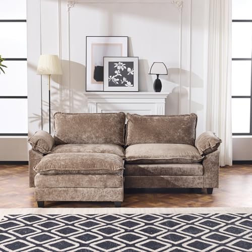 VINGLI Convertible Sectional Loveseat Sofa for Apartment with Deep Seat &Movable 2-Layer Ottoman, Oversized L-shape Cloud Sofa with Chaise &Armrests, 2-Seat Sofa for Small Spaces, Chenille,Light-Brown VINGLI