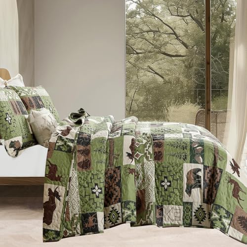 Quilts Set King Size Rustic Quilt Bedspread Coverlet King Quilt Bedding Country Lodge Patchwork Quilt Home Lightweight Reversible Bedspread Rustic Bear Bedding Cabin Moose Forest Animal Coverlet Olive ARL HOME