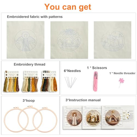 Myfelicity Embroidery kit,Handmade Nativity Scene Embroidery Hoop Art Set, Religious Christmas Theme, 3-Piece Collection with Angels and Manger Scene in Natural Earth Tones (60035-60037-60038) Myfelicity