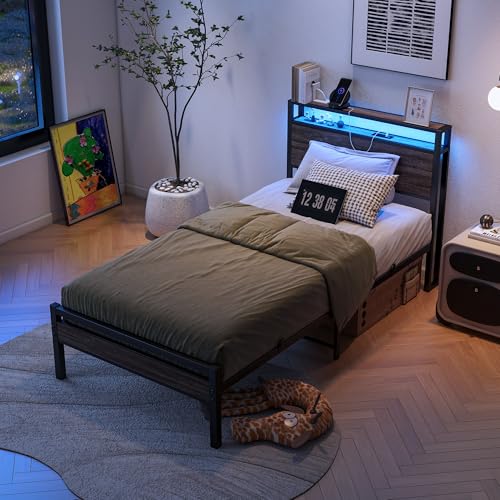 BOFENG Twin Bed Frame with Wood Headboard and USB Charging Station,Heavy Duty Metal Platform Single LED Bed Frame Twin Size with Storage No Box Spring Needed,Strong Steel Slats,Noise Free,Rustic Grey BOFENG