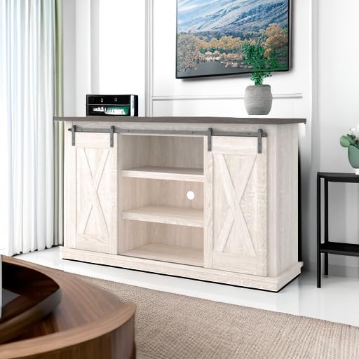 Signature Design by Ashley Dorrinson Farmhouse TV Stand Fits TVs up to 50" with Sliding Barn Doors and Storage Shelves, Whitewash & Gray - WoodArtSupply