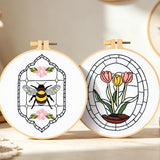 Armindou Flowers Bee Embroidery Kits for Beginners Adults, Floral Hand Embroidery Set Needlepoint DIY Kits, Stamped Cross Stitch Kits for Beginners Adults, 2 Embroidery Hoops (Attached Video Tutorial)