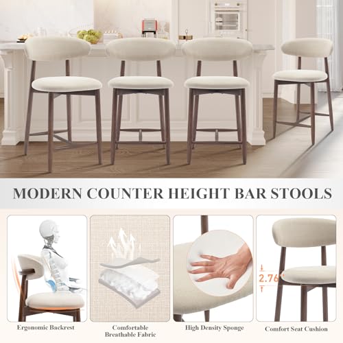 COLAMY Counter Height Bar Stools Set of 4, Kitchen Bar Stools with Back, Mid Century Modern Upholstered, with Wood Legs for Kitchen Island Dining Room, Beige COLAMY