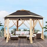 Yaheetech 13x13 Pop up Gazebo, Hexagonal Outdoor Canopy Shelter, Instant Patio Gazebo Sun Shade Canopy Tent with Double Tiers & Mesh Netting for Lawn, Garden, Backyard & Deck, Khaki/Brown Yaheetech