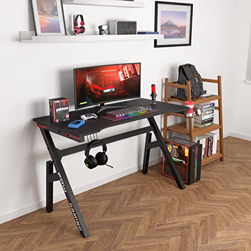 Gaming Desk Computer Desk 47 Inch Home Office Desk Extra Large Modern Ergonomic Black PC Carbon Fiber Table Gamer Workstation with Cup Holder Headphone Hook - WoodArtSupply