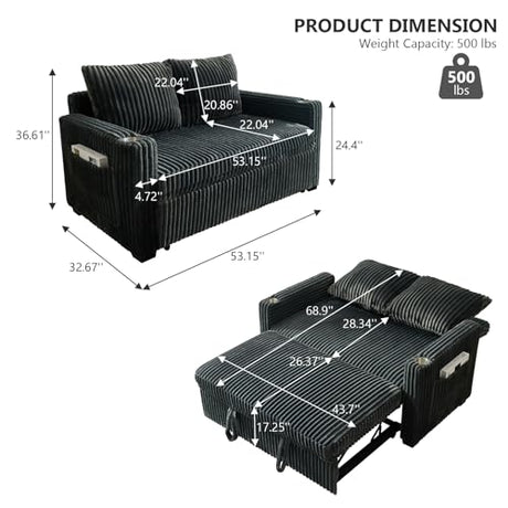 Hommoo Sleeper Sofa Couch with Pull Out Bed Convertible 3 in 1 Futon Lounge Sofa Small Love Seat for Living Room Apartment Comfy Corduroy Reclining Back with Cup Holder and USB Ports 53" Grey Hommoo