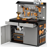 Rumetol 65" Heavy Duty Garage Workbench with Storage Drawers & Pegboard,2000lbs Capacity Metal Work Bench with Lockable Magnetic Cabinets,Adjustable LED Light for Workshop/Garage Rumetol