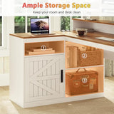 TVU Farmhouse L Shaped Desk with Drawers, 62.2" Home Office Desk with Storage Shelves and Power Outlet, L Shaped Computer Desk with Monitor Stand and Printer Shelf, Brown and White TVU