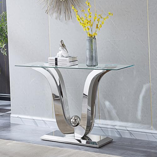Henf Luxury Glass Console Table Modern 47" Slim Entryway Table with Silver Floral-Shape Stainless Steel Base and Clear Glass Top, Silver Sofa Tables for Living Room Hallway Corridor Office Henf
