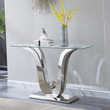 Henf Luxury Glass Console Table Modern 47" Slim Entryway Table with Silver Floral-Shape Stainless Steel Base and Clear Glass Top, Silver Sofa Tables for Living Room Hallway Corridor Office Henf