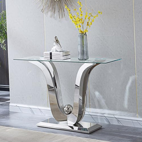 Henf Luxury Glass Console Table Modern 47" Slim Entryway Table with Silver Floral-Shape Stainless Steel Base and Clear Glass Top, Silver Sofa Tables for Living Room Hallway Corridor Office Henf