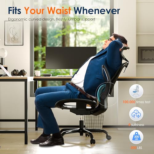 GABRYLLY Ergonomic Mesh Office Chair, Adjustable Home Desk Chair with Folding Armrest, 2D Headrest, Soft Seat and PU Wheel, Black Swivel Task Chair for Office, Business, Student (GY1108) GABRYLLY