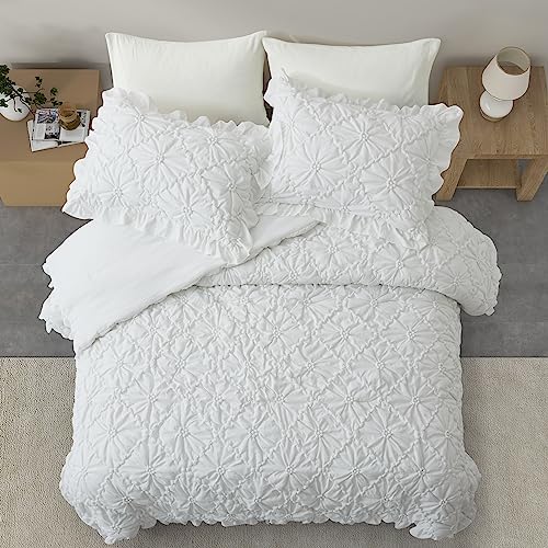 BEDAZZLED King Size Comforter Sets, White Bedding Comforter Set, 3 Pieces Pinch Pleat Bedding Sets with Comforter and Pillowcases Soft Farmhouse Shabby Chic Comforter for All Season BEDAZZLED