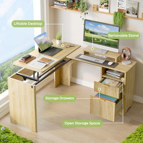 Bestier L Shaped Desk with Lift Desktop, 55 inch Corner Desk with Fluted Panel Deisgn Drawers, Modern Office Desk with File Drawer (Natual Oak, 55'' x 55'' Lift Top) Bestier