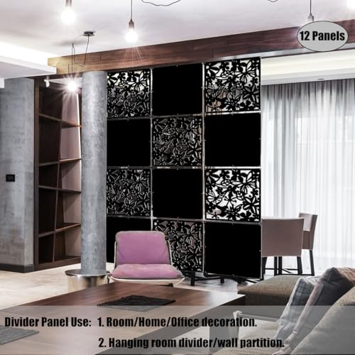 LRZCGB Hanging Room Divider,12pcs PVC Black Panel Screen Solid for Decorating Living, Dining, Study and Sitting-Room, Hotel(Black+Solid Board) LRZCGB