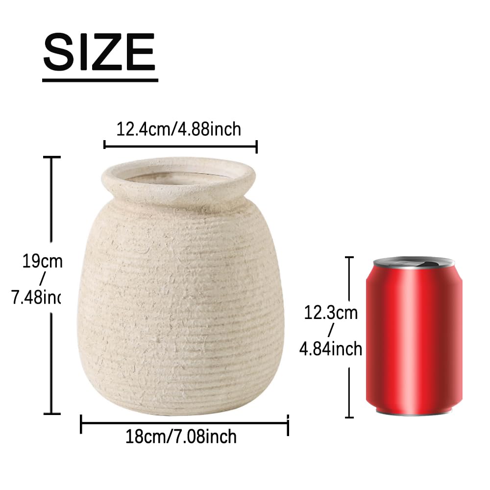 Ceramic Flower Vase, 7.48 Inch White Rustic Farmhouse Decorative Vase Pottery Wide-Mouth Vases for Home Decor Table Living Room Entryway Mantel Bookshelf Bedroom Bathroom Kitchen ooit