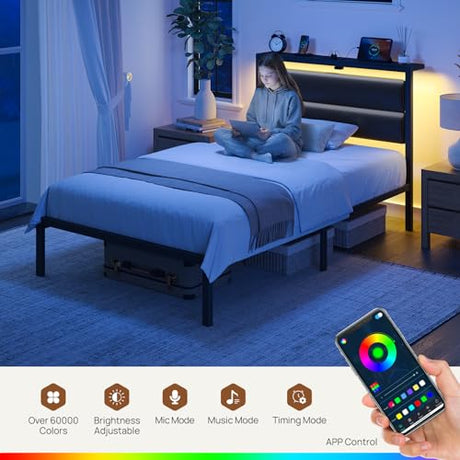 Seventable Twin Bed Frame with Upholstered Storage Headboard, Charging Station & LED Lights, Metal Platform Bed with Under Bed Storage, No Box Spring Needed, Noise Free, Easy Assembly, Black Seventable