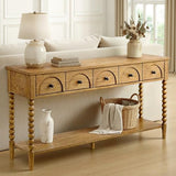 SAND STONE HOME Pembroke 58” Cottage Sofa Console Table with Drawers & Lower Shelf Storage, Narrow Entryway Table or Dining Server with Levelers | Prairie Oak Natural SAND STONE HOME