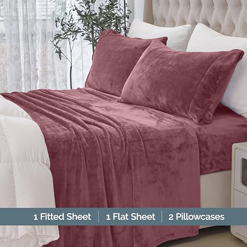 Elegant Comfort Luxuriously Soft 4-Piece Velvet Plush Flannel Sheet Set - Premium Quality - Cozy Warm, Anti-Static, Non Pilling Fuzzy Velvet Flannel Fleece Deep Pocket Sheet Set - Twin XL, Rose Elegant Comfort