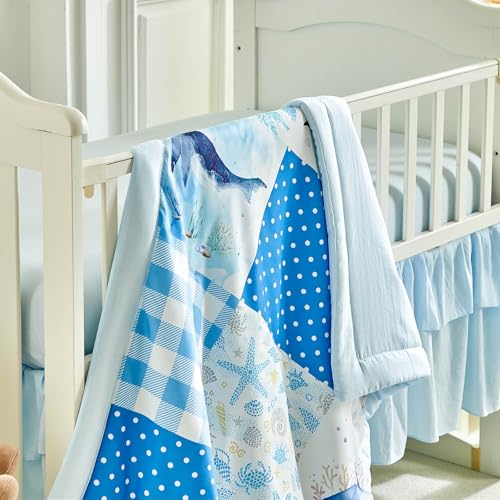 Patchwork Crib Bedding Set Blue Ocean Plaid Design 3 Pieces Baby Cute Quilted Comforter with Fitted Sheet and Bed Skirt - Whales Dolphins Turtles Seahorses Shell Marine Animals Style Crib Bed Set UOZZI BEDDING
